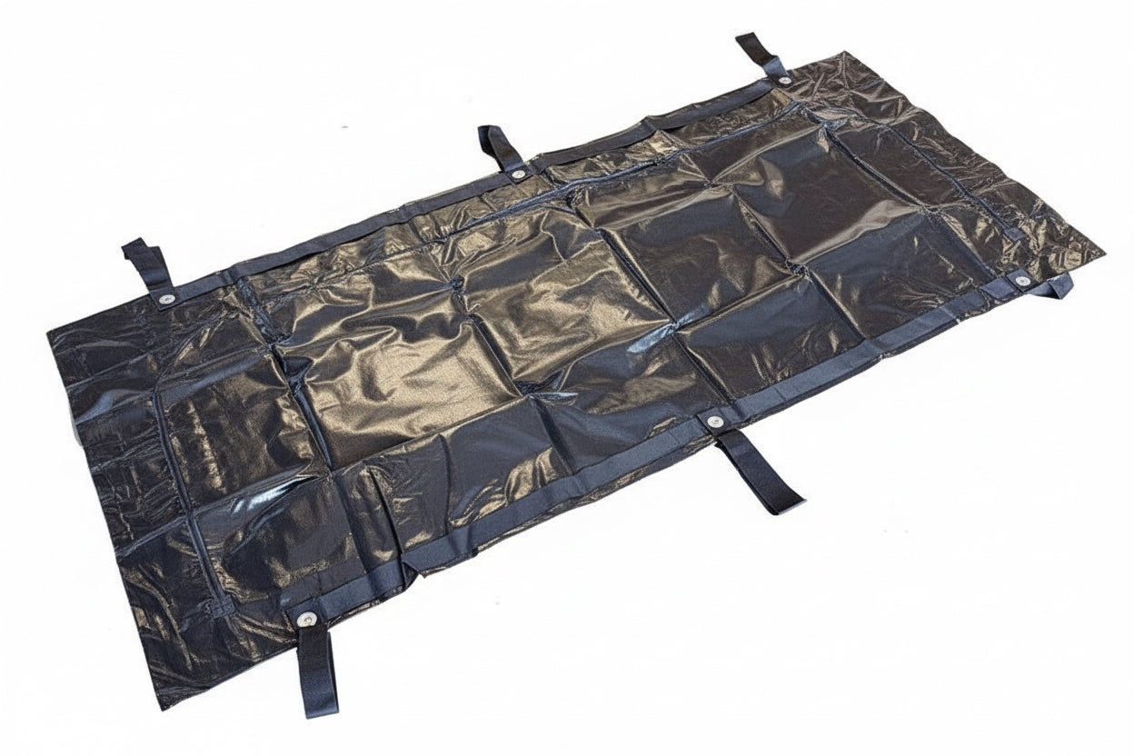 Heavy-duty 18 Mil XXL oversize body bag by American Mortuary Equipment measuring 54 by 108 inches with reinforced leak-proof black vinyl construction.