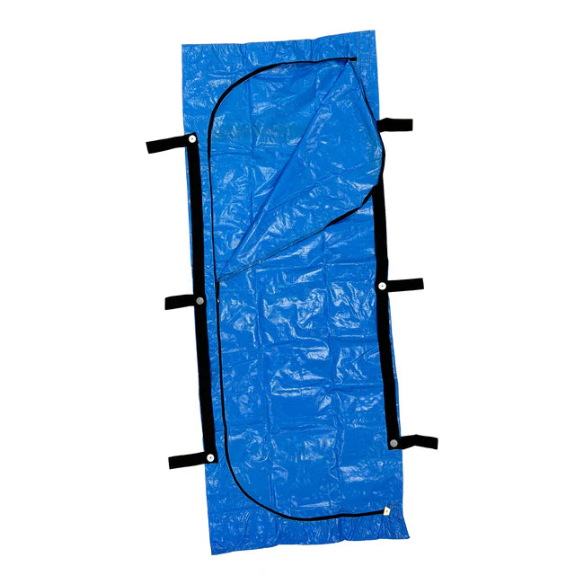 15 Mil heavy-duty blue vinyl body bag with 6 reinforced handles and heat-sealed leak-proof seams.