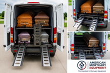 AME-DD4000 casket version oversize configuration — American Mortuary Equipment 4-casket powered double-deck system for Sprinter 2500 and 3500 cargo vans