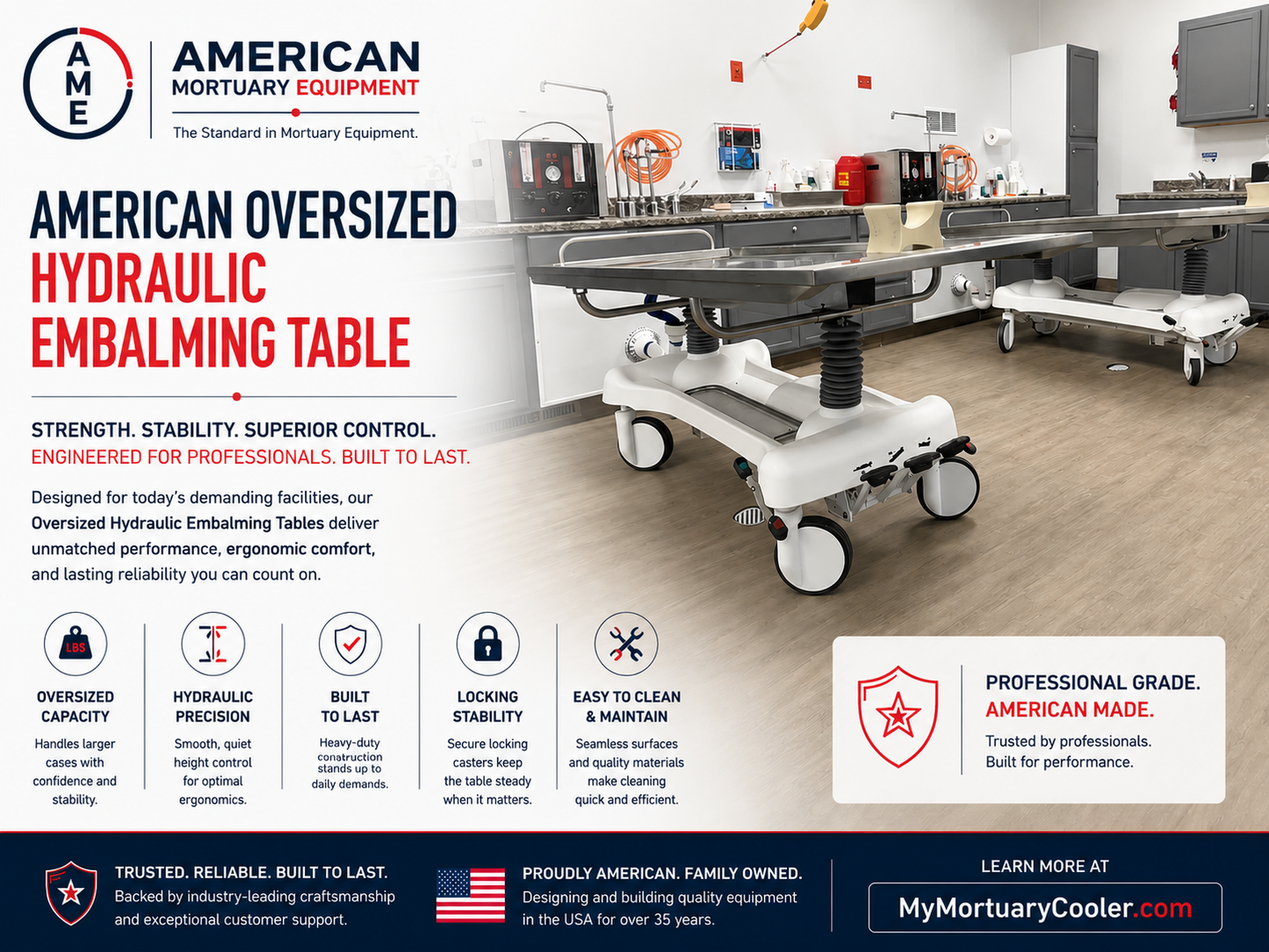 American Mortuary Equipment — stainless steel hydraulic embalming tables, dressing tables, and prep-room stations, American-made funeral home preparation equipment