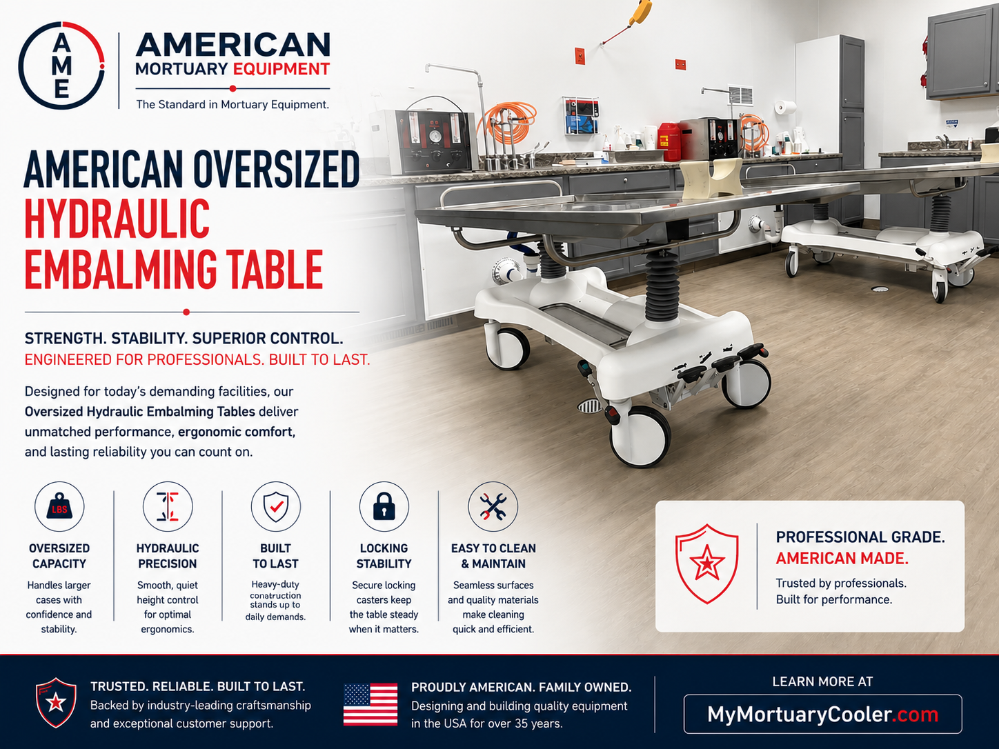 American Mortuary Equipment — stainless steel hydraulic embalming tables, dressing tables, and prep-room stations, American-made funeral home preparation equipment