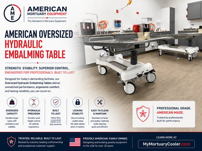 American Mortuary Equipment — stainless steel hydraulic embalming tables, dressing tables, and prep-room stations, American-made funeral home preparation equipment