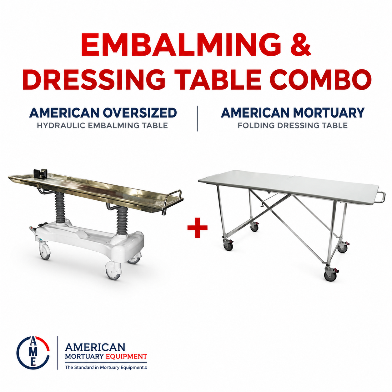 Hydraulic embalming table and folding dressing table bundle, American-made stainless steel prep room package | American Mortuary Coolers