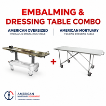 Hydraulic embalming table and folding dressing table bundle, American-made stainless steel prep room package | American Mortuary Coolers