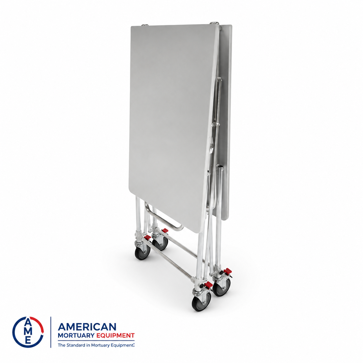 Folding mortuary dressing table collapsed flat for vertical storage between cases, stainless steel | American Mortuary Coolers