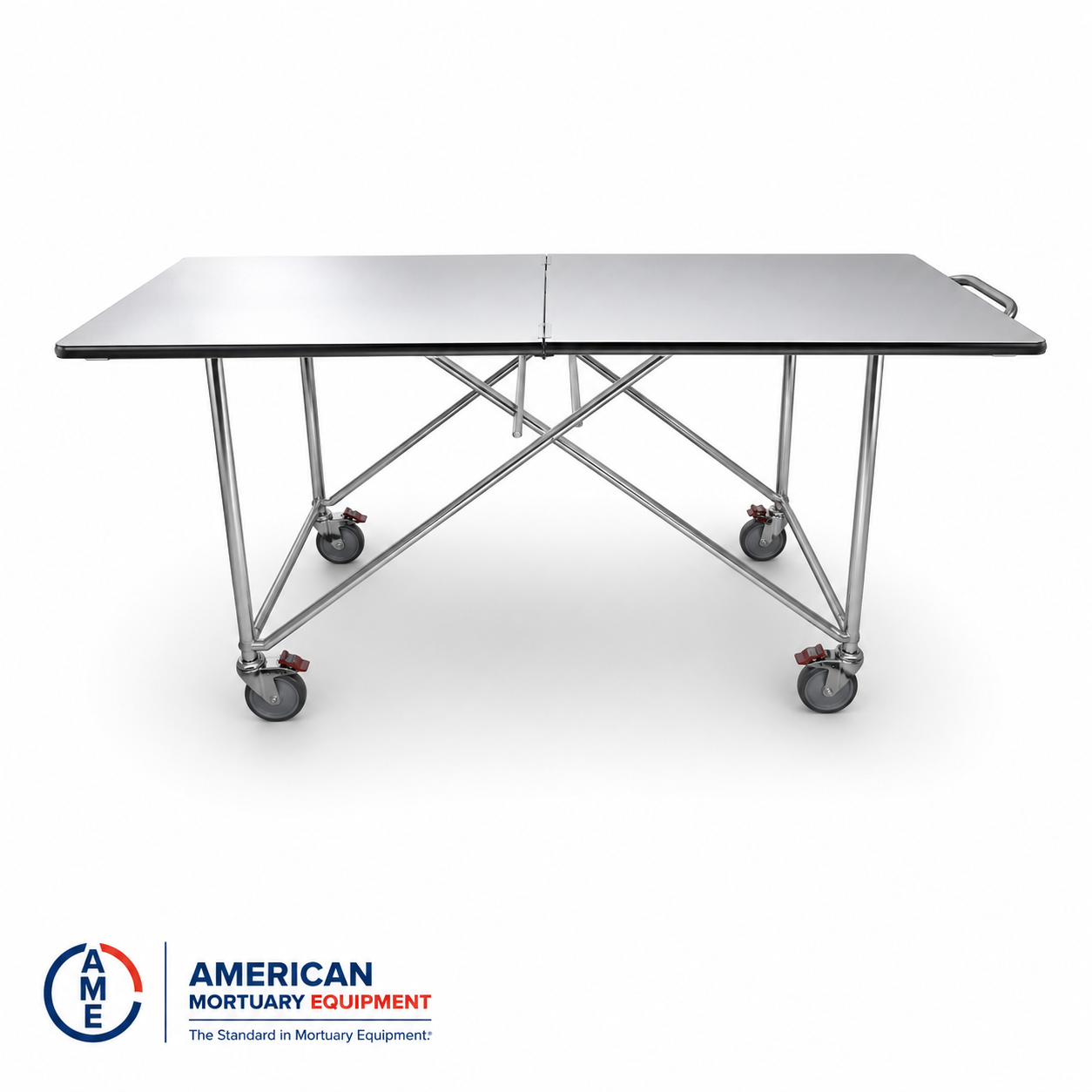 Side view of a folding mortuary dressing table with locking swivel casters and reinforced steel frame | American Mortuary Coolers