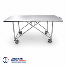 Side view of a folding mortuary dressing table with locking swivel casters and reinforced steel frame | American Mortuary Coolers