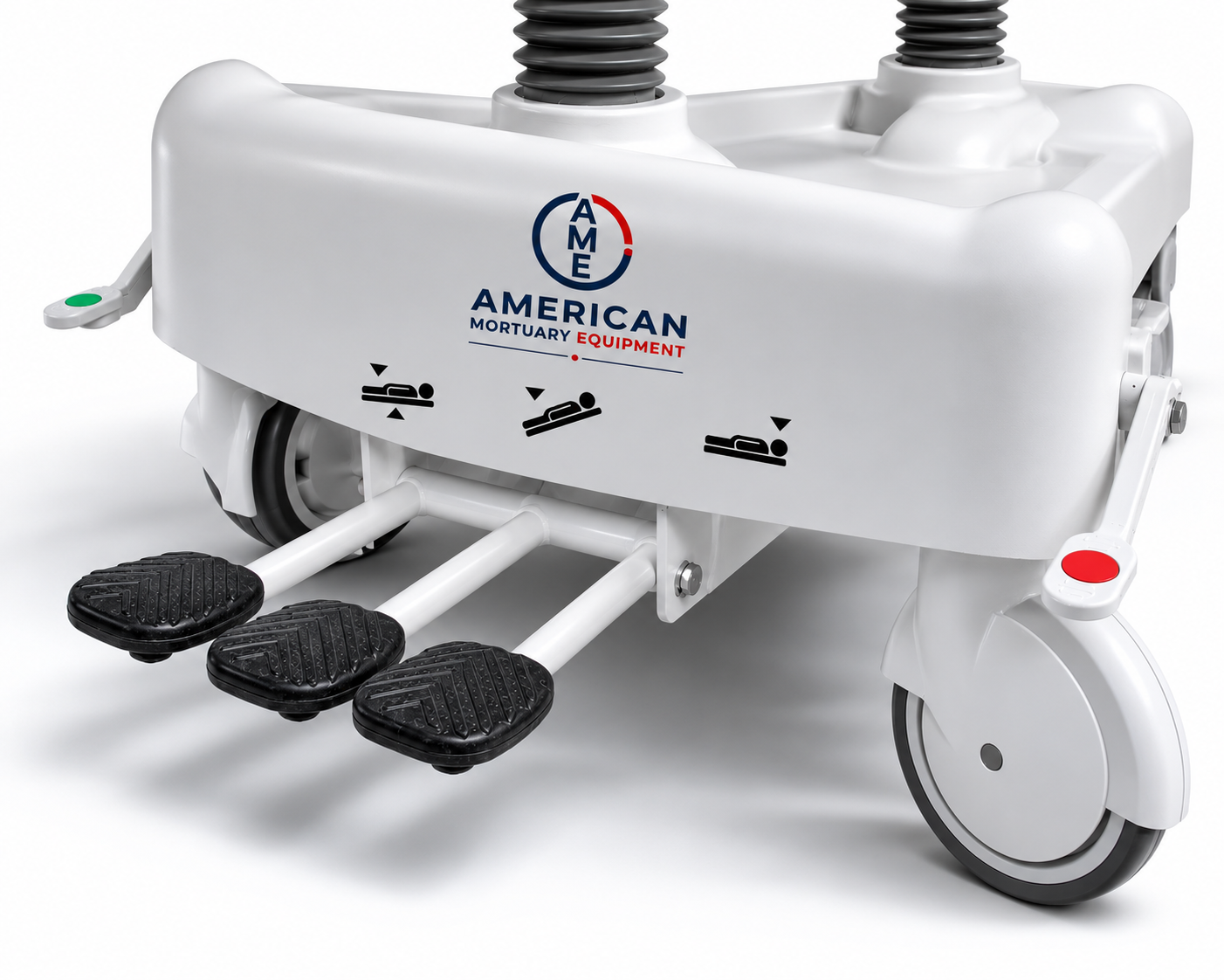 Three independent hydraulic foot pedals on the oversized embalming table for hands-free height and tilt control | American Mortuary Coolers