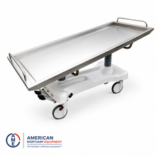 American-made oversized hydraulic embalming table, 850 lb bariatric stainless steel prep table with foot-pedal height control | American Mortuary Coolers