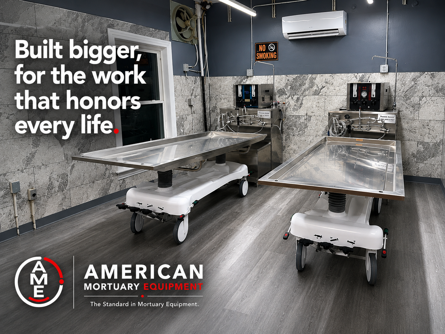 Two American-made oversized hydraulic embalming tables shown together — 850 lb bariatric stainless steel prep tables, 2-pack bundle | American Mortuary Coolers