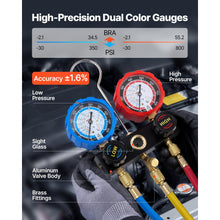 AMC manifold gauge set with color-coded hoses, quick couplers and carry case for refrigerant charging and recovery.