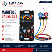 AMC professional manifold gauge set for HVAC and refrigerant service, with color-coded high and low pressure gauges.