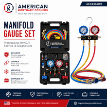 AMC professional manifold gauge set for HVAC and refrigerant service, with color-coded high and low pressure gauges.