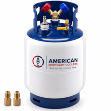AMC refrigerant recovery tank with brass Y-valve for liquid and vapor recovery.