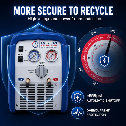 AMC refrigerant recovery machine, lightweight 29.5 lb body for portable field service.