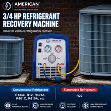 AMC refrigerant recovery machine control panel with pressure gauge and purge knob.