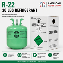 AMC R-22 30 lb virgin HCFC-22 refrigerant cylinder with retail box for HVAC service and repair.