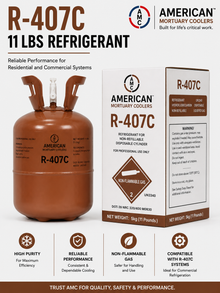 AMC R-407C 11 lb refrigerant cylinder with retail box, R-22 retrofit refrigerant for HVAC systems.
