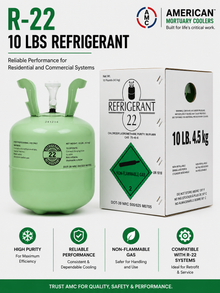 AMC R-22 10 lb virgin HCFC-22 refrigerant cylinder with retail box for legacy HVAC systems.
