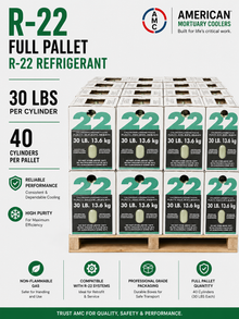 AMC R-22 refrigerant full pallet of 30 lb virgin HCFC-22 cylinders for bulk purchase.