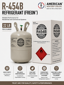 AMC R-454B 22 lb low-GWP A2L refrigerant cylinder with retail box, R-410A replacement for new HVAC systems.