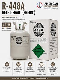 AMC R-448A 25 lb low-GWP refrigerant cylinder with retail box, R-404A and R-507 replacement for commercial refrigeration.
