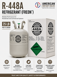AMC R-448A 25 lb low-GWP refrigerant cylinder with retail box, R-404A and R-507 replacement for commercial refrigeration.