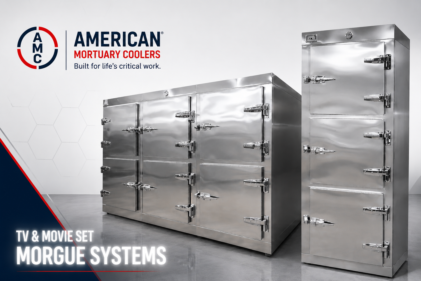 AMC stainless steel morgue cooler doors with heavy-duty hinges and locking latches for set building.