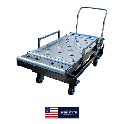 Heavy-duty mortuary scissor lift side profile showing steel scissor mechanism, foot pedal hydraulic pump, and locking caster wheels for cadaver handling