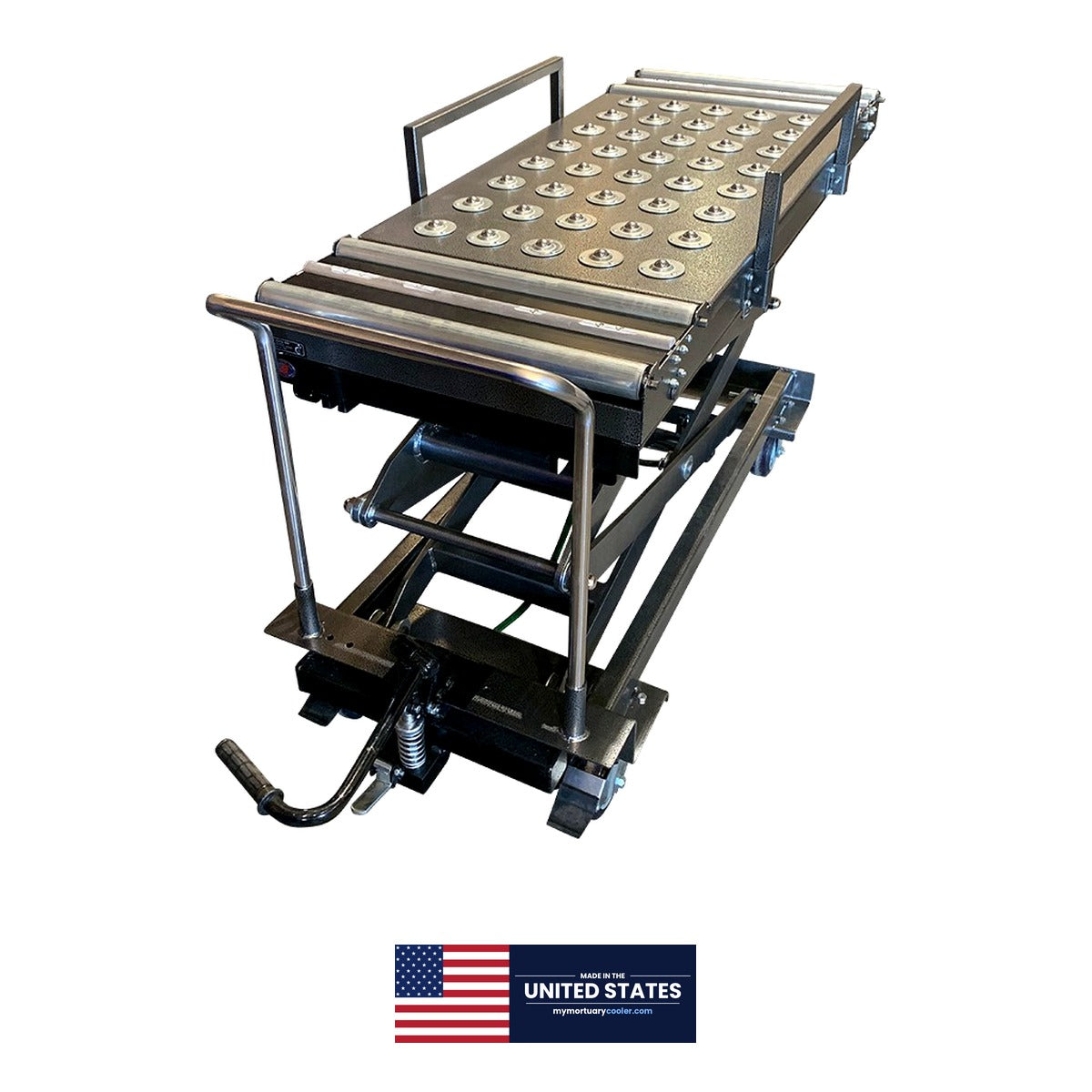 Manual hydraulic cadaver lift positioned beside mortuary cooler for body transfer — HD crematory and morgue scissor lift, USA-made