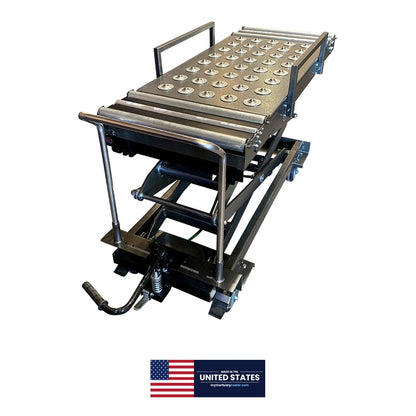 Manual hydraulic cadaver lift positioned beside mortuary cooler for body transfer — HD crematory and morgue scissor lift, USA-made