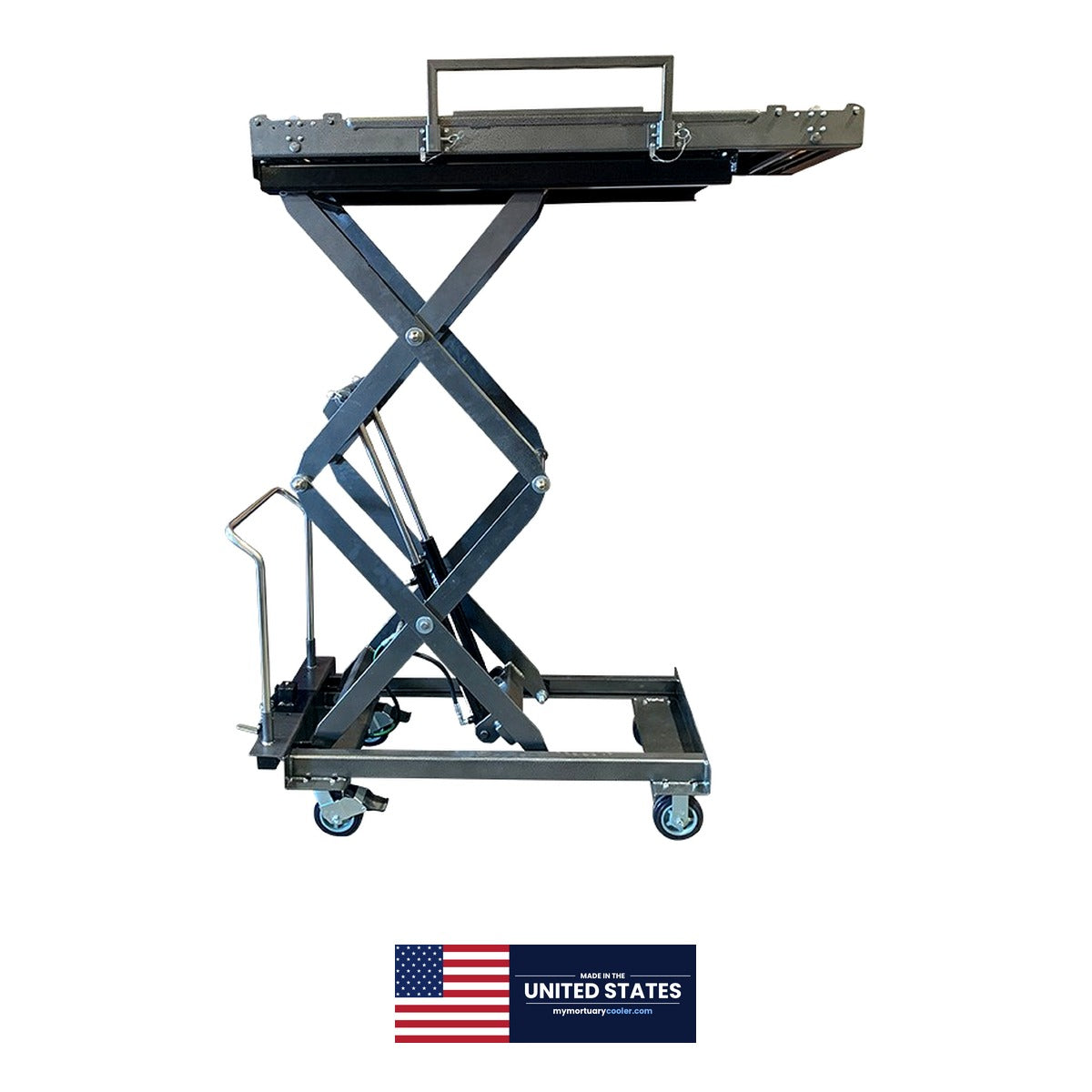 Manual hydraulic crematory scissor lift raising cadaver tray to retort loading height — HD foot-powered morgue body lift