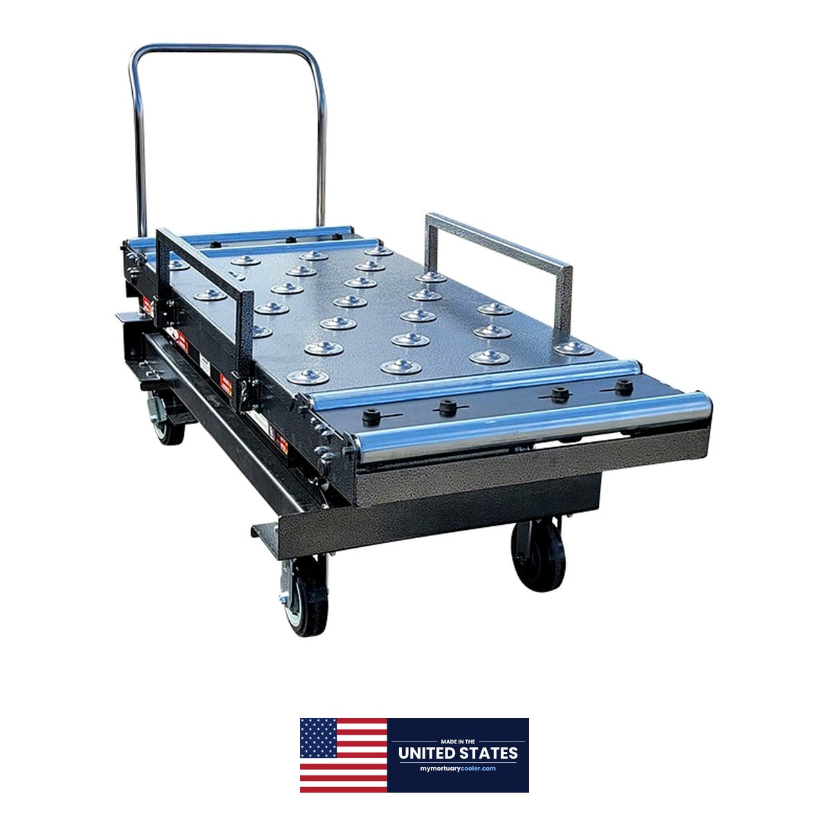 1000 lb hydraulic mortuary scissor lift raised position detail, foot-pump cadaver lift for morgue and crematory retort loading