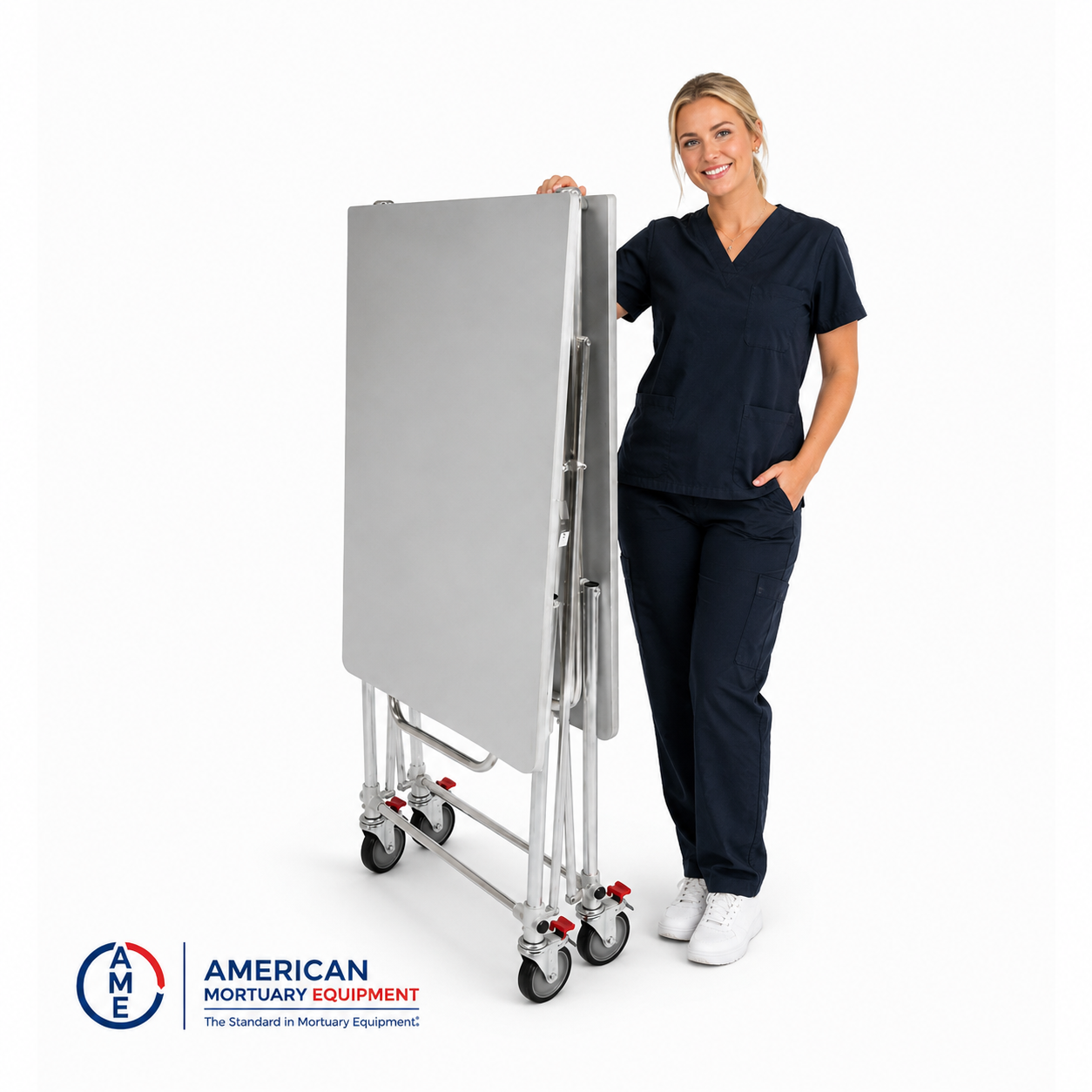 Mortuary professional positioned at an American-made folding dressing table in a preparation room | American Mortuary Coolers