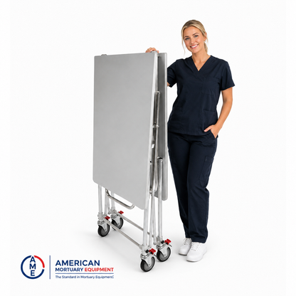 Mortuary professional positioned at an American-made folding dressing table in a preparation room | American Mortuary Coolers