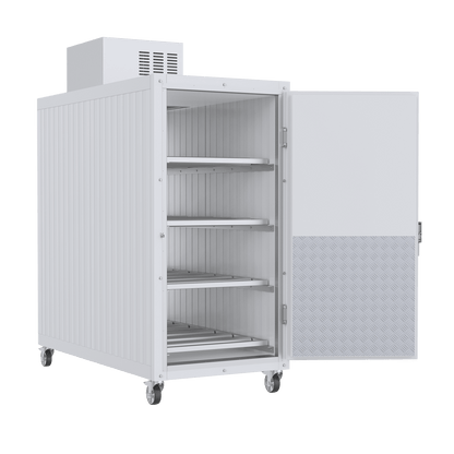 Interior view of the Model 4BX mortuary cooler showcasing the 36-inch heavy-duty stainless steel 4-tier tray tracking system and interior rolling rack system.