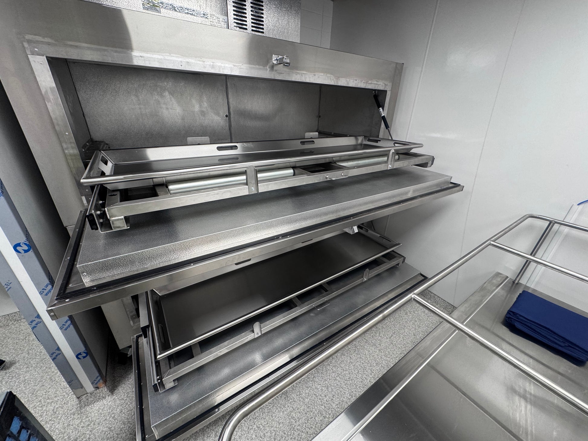 2-body bariatric vault morgue cooler, stacked individual-bay stainless construction