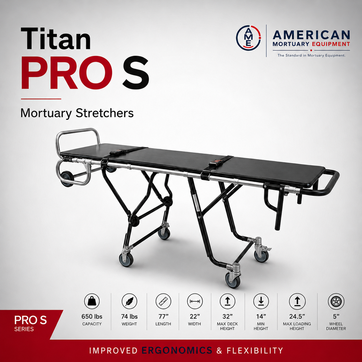TITAN PRO S 650 multi-level mortuary cot, 600 lb single-operator first call funeral removal stretcher