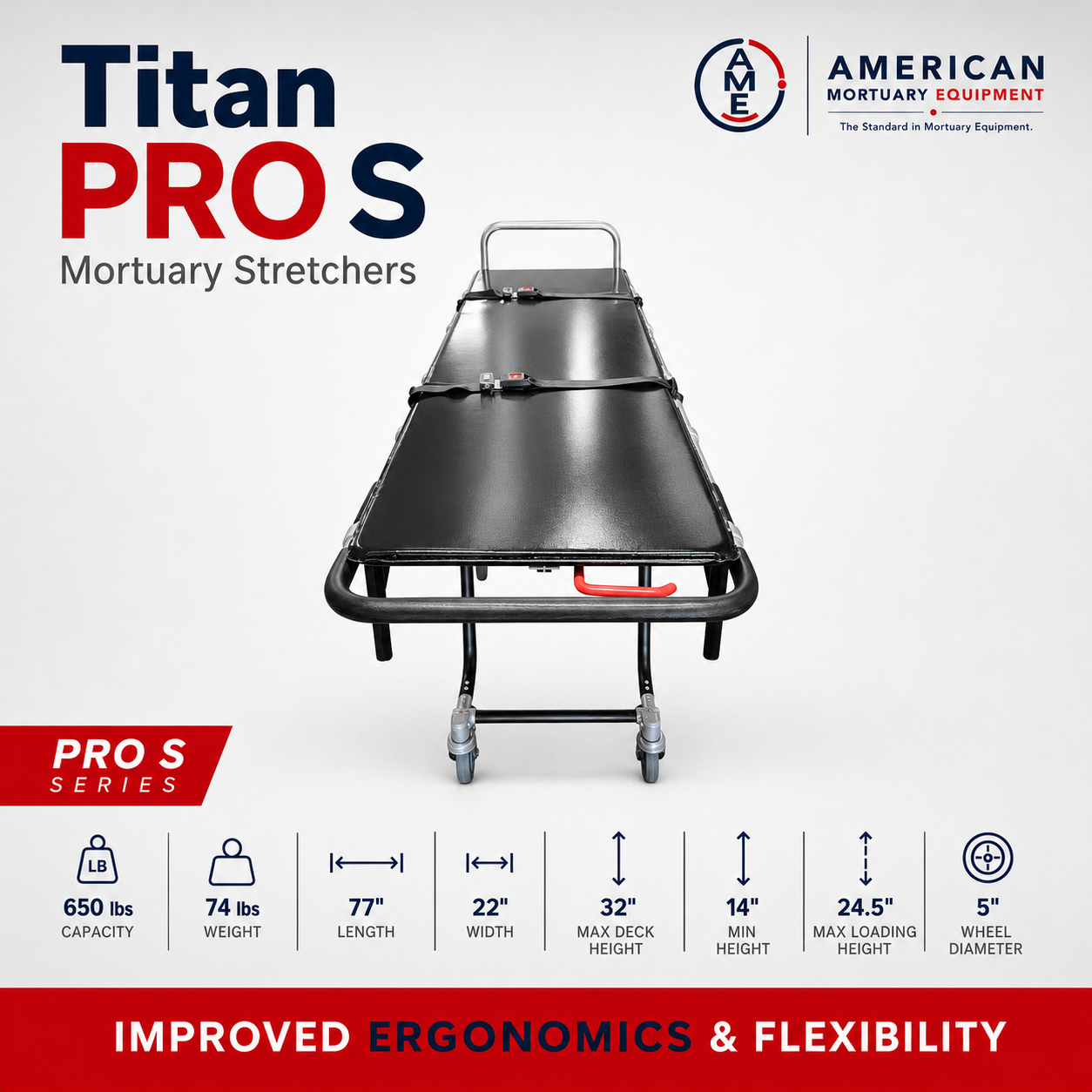 TITAN PRO S 650 mortuary cot detail, multi-level anodized aluminum first call removal stretcher