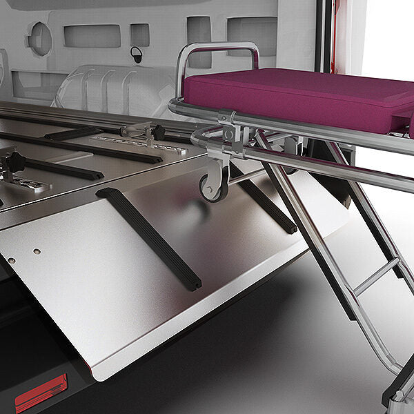 AME-SS150XLC high-impact bumper ramp protection feature — American Mortuary Equipment oversize single-deck system for standard and oversized cot side-by-side transport in cargo vans