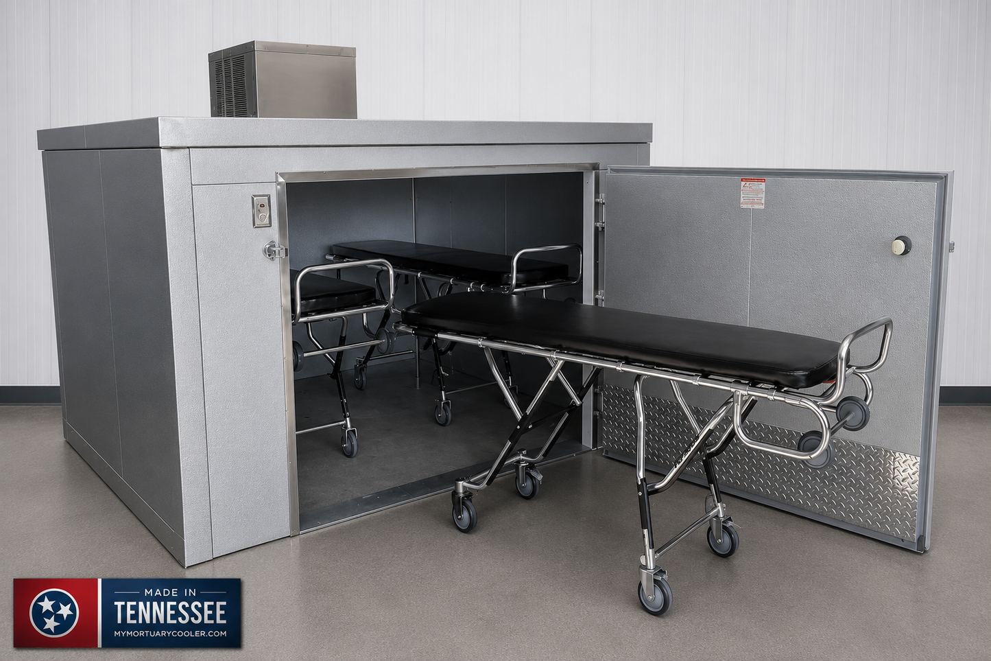 3 Body Triple-Wide Roll-In Mortuary Cooler | Model TR3 | Parallel Cot Roll-In Cadaver Refrigeration | American-Made | American Mortuary Coolers