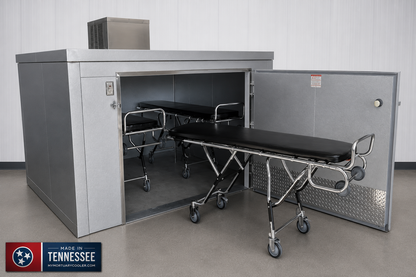 3 Body Triple-Wide Roll-In Mortuary Cooler | Model TR3 | Parallel Cot Roll-In Cadaver Refrigeration | American-Made | American Mortuary Coolers
