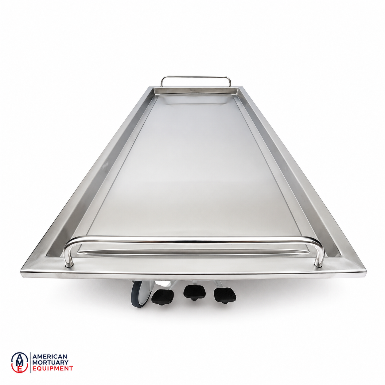 Oversized stainless steel hydraulic embalming table top with perimeter drainage trough, 850 lb bariatric prep surface | American Mortuary Coolers
