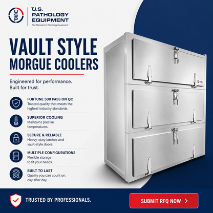 American Mortuary Coolers vault-style morgue cooler — stainless multi-bay cadaver storage for hospitals, morgues, and medical examiners, made in the USA