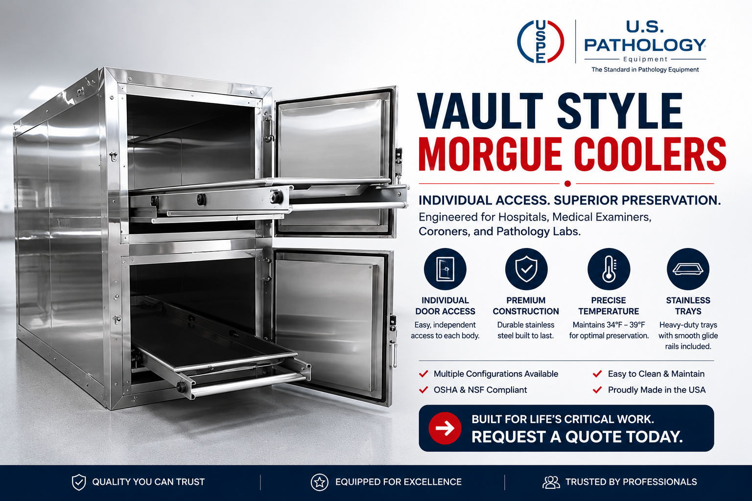 American Mortuary Coolers vault-style morgue cooler — multi-bay individual-chamber cadaver refrigeration, American-made vault storage system