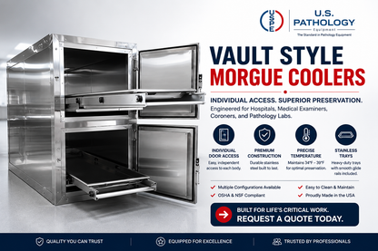 American Mortuary Coolers vault-style morgue cooler — multi-bay individual-chamber cadaver refrigeration, American-made vault storage system