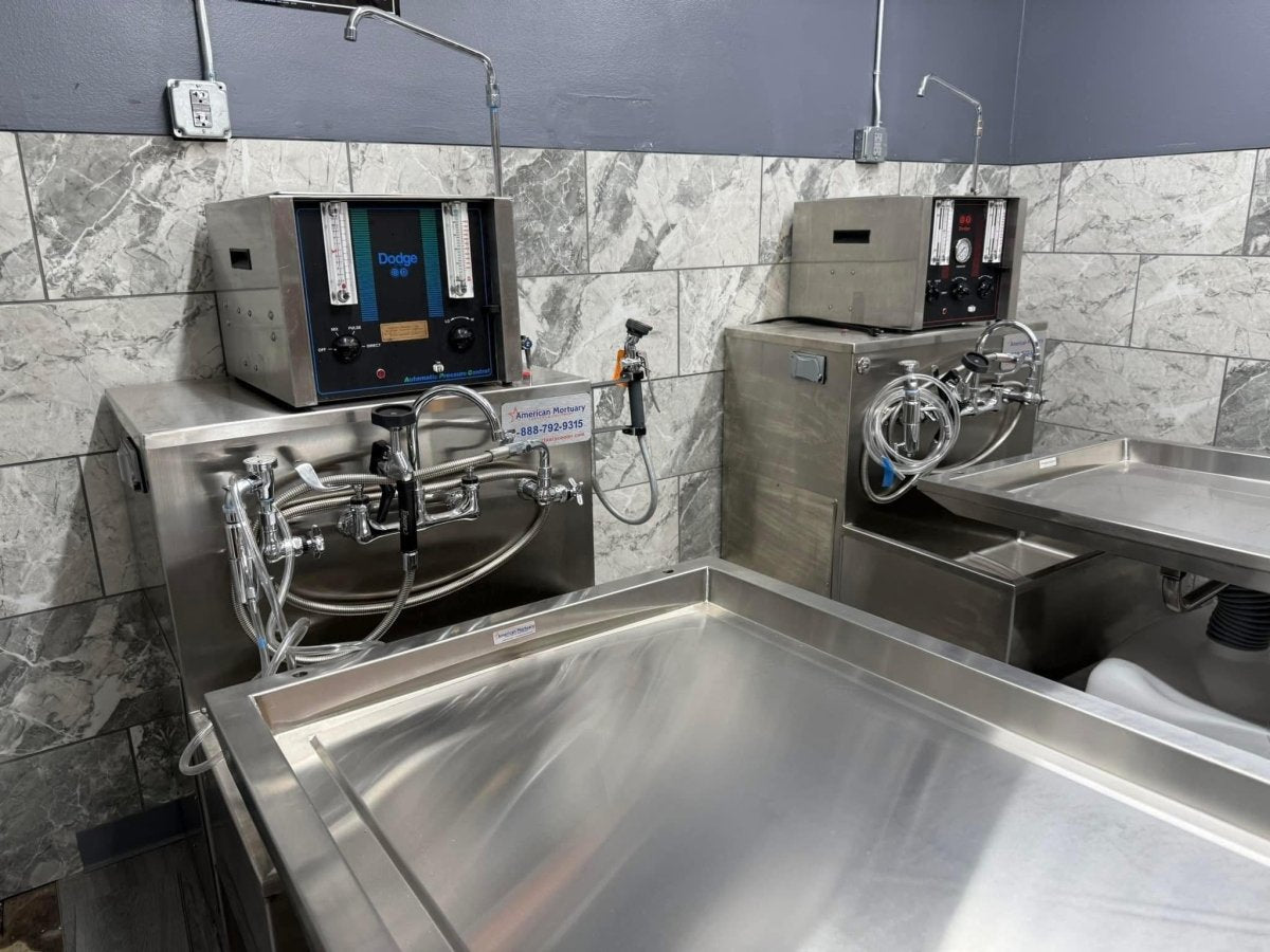 Affordable Mortuary Bundle: Hydraulic Embalming Table & Folding Prep Table - American - Made, Reliable Funeral Equipment - American Mortuary Coolers & Equipments