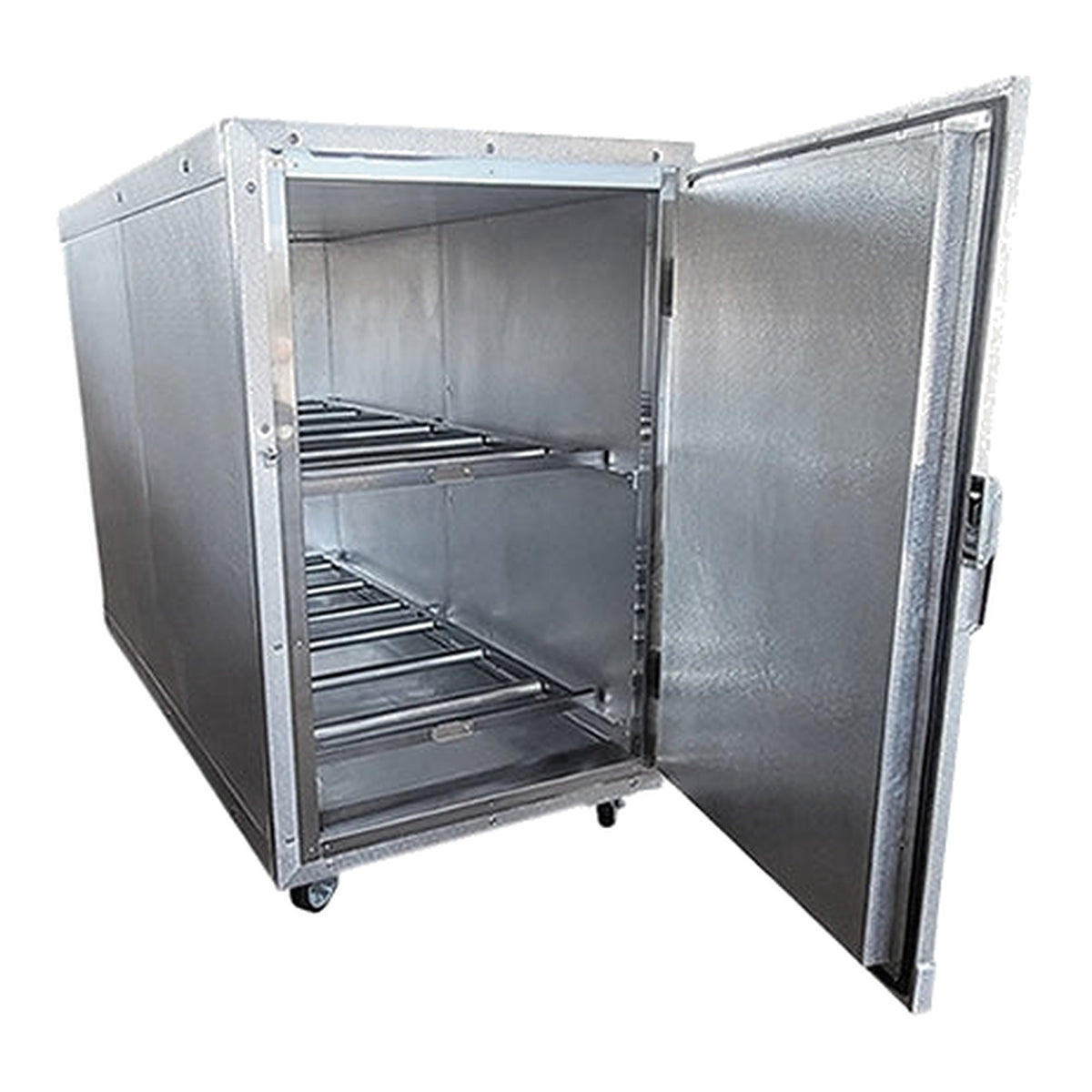 AMC 2B 2 body standard upright mortuary cooler with two roller tiers, door open