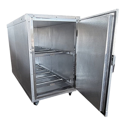 AMC 2B 2 body standard upright mortuary cooler with two roller tiers, door open