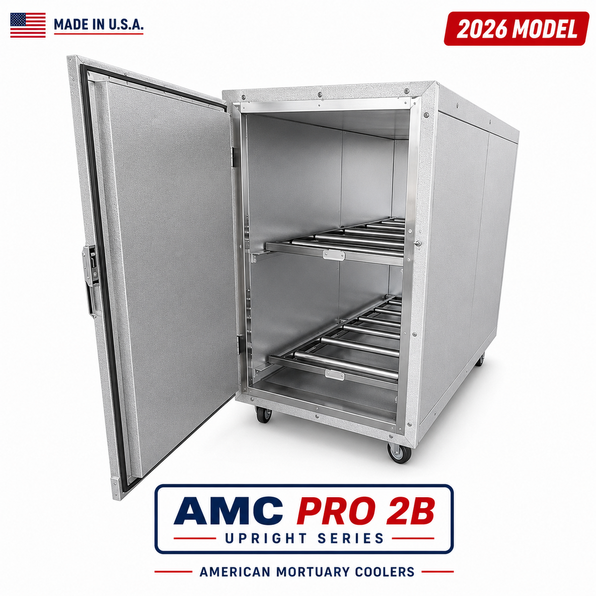 AMC 2B 2 body upright mortuary cooler, door open with two roller tiers